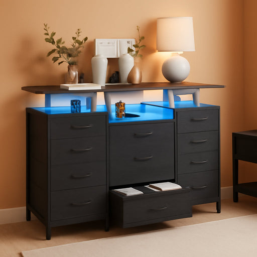 11 Drawers Dresser with Fabric Drawers,Charging Station, LED Lights and Shelves for Bedroom, Living Room, Hallway, Nursery Storage Organization (Black Wood Veins)