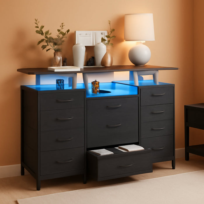 11 Drawers Dresser with Fabric Drawers,Charging Station, LED Lights and Shelves for Bedroom, Living Room, Hallway, Nursery Storage Organization (Black Wood Veins)