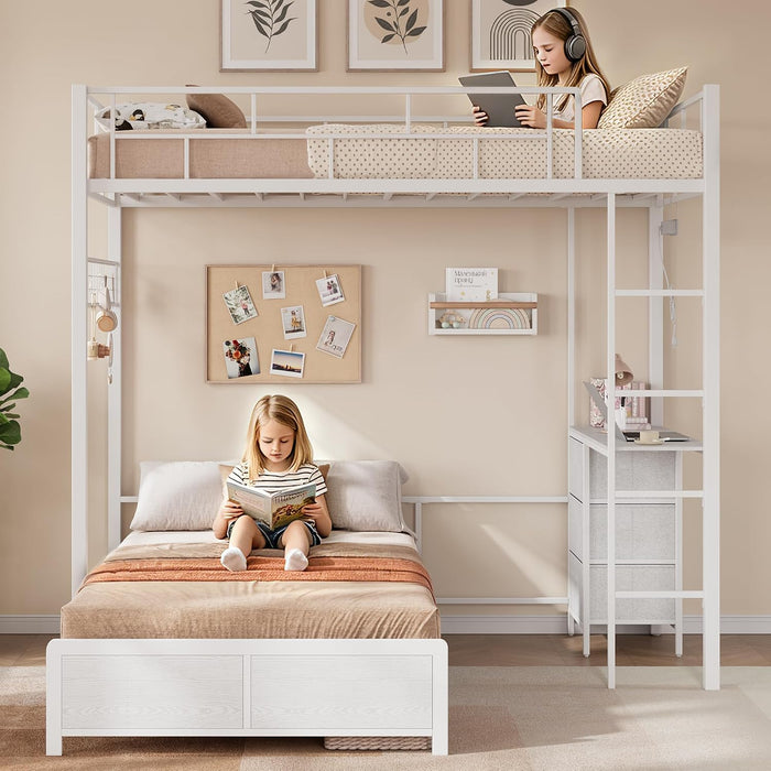 Twin Over Twin White Bunk Bed LShapedDeskWithChargingAndStorage