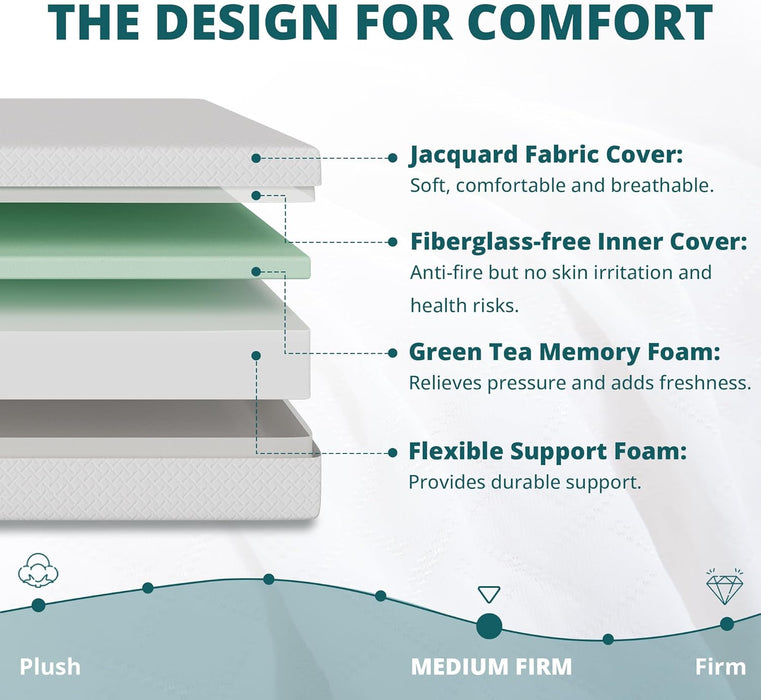 Queen Mattress 10 Inch Green Tea Memory Foam Mattress for Cool Sleep & Pressure Relief, Certipur-Us Certified Medium Mattresses in a Box, 60"×80"×10"