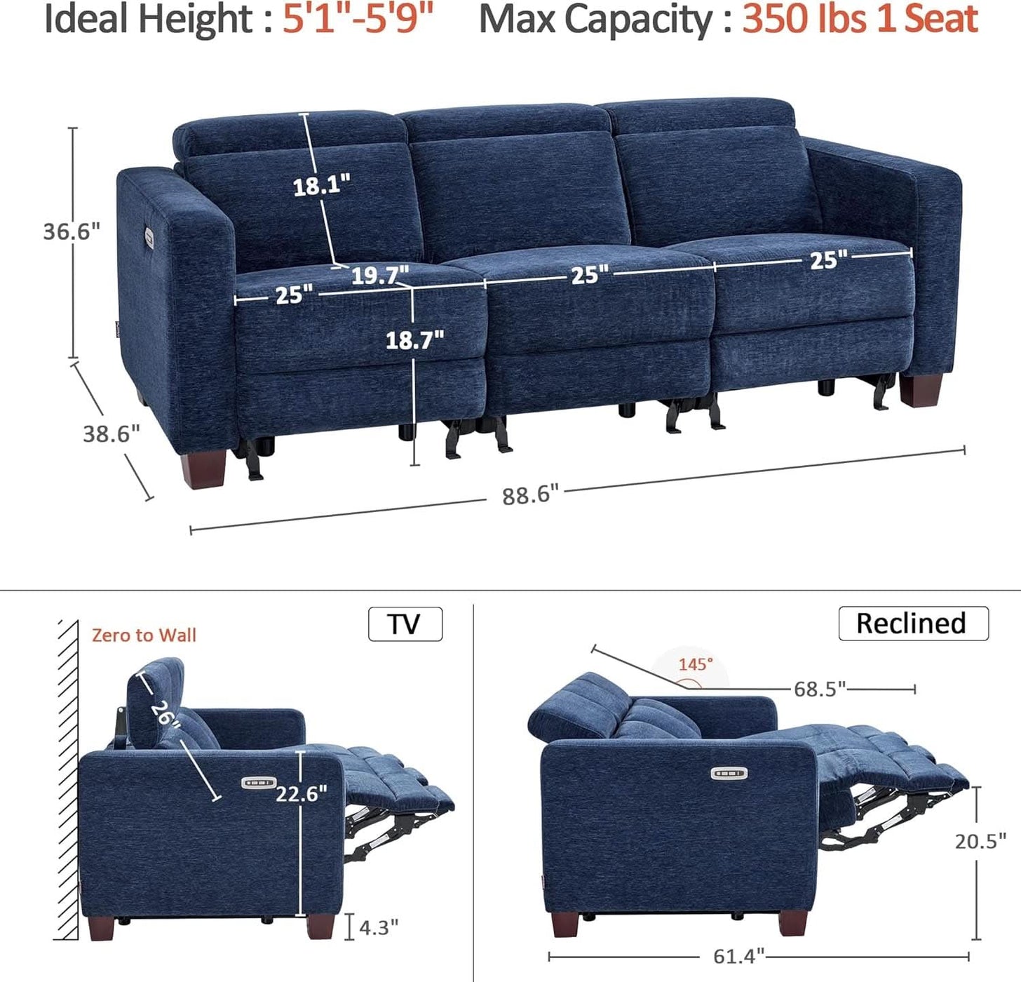 Navy Zero Wall Hugger Power Reclining Sofa USB Ports — ShipItFurniture
