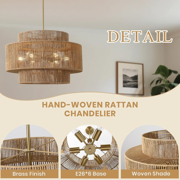 24"Large Boho Rattan Farmhouse Chandeliers for Dining Room,6-Light Hand Woven Pendant Light Fixture, 3-Tier Rustic Wicker Chandeliers for Living Room, Kitchen Island, Entryway,Hallway, Foyer