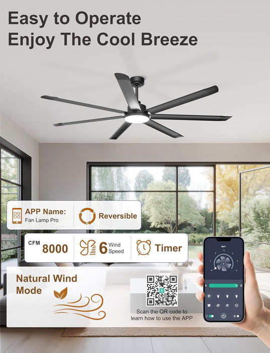 72'' Large Ceiling Fan with Lights, High CFM Industrial Ceiling Fan with Remote/App, 7 Aluminum Blades, Dimmable, for Outdoor Patio, Shop, Garage, Black