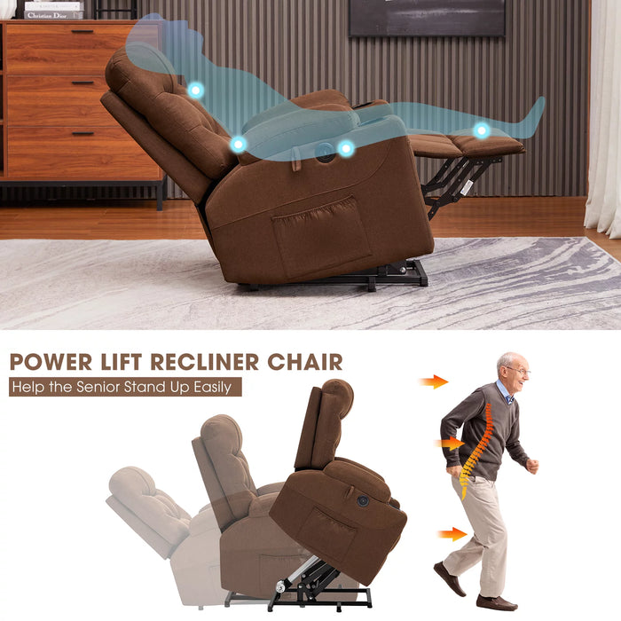 Power Lift Recliner Chair,Massage Lift Chair for Elderly with Heated Vibration,Electric Reclining Chairs,Infinite Position Fabric Recliner Chair,Cup Holders,Remote Control, Brown