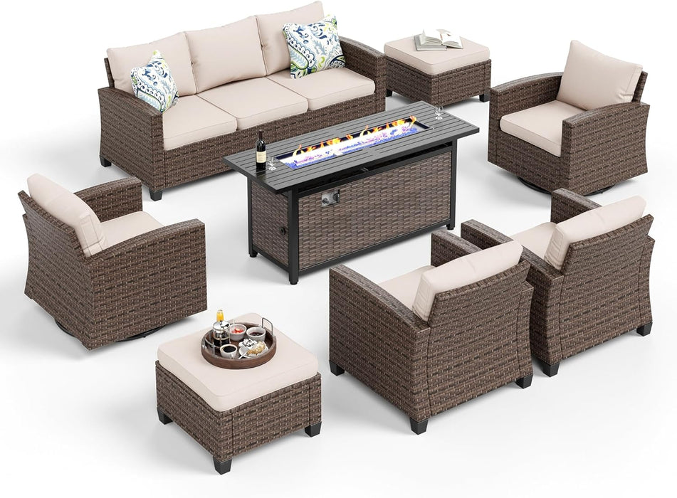 Patio Furniture Set with 56" Fire Pit Table, Swivel Rocker Chairs with Ottoman, Outdoor Wicker Conversation Set for Lawn Garden Deck Backyard, Beige