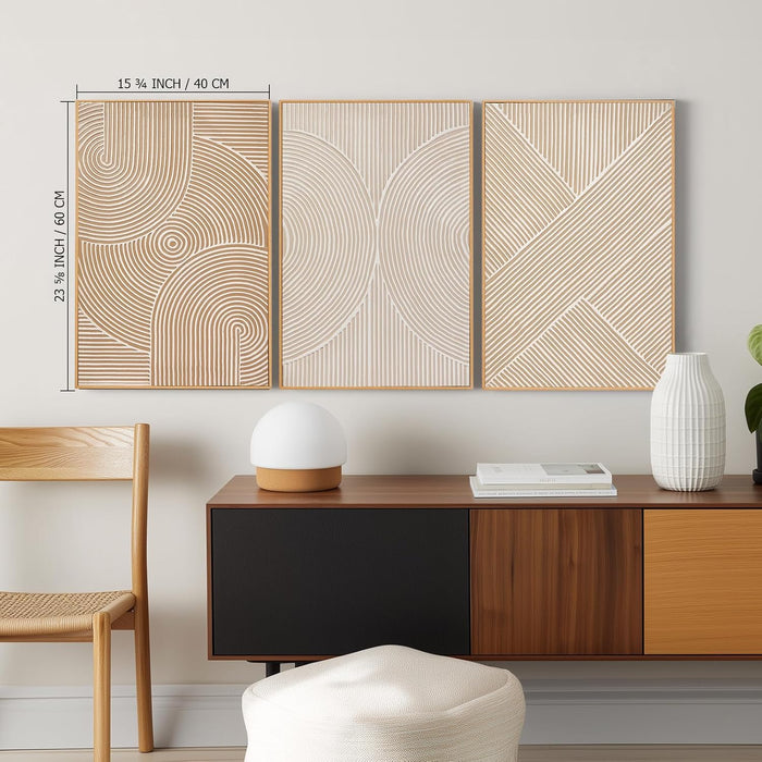 Neutral Minimalist Textured 3D Wall Art Abstract Hand-Painted Framed Wall Decor Geometric Artwork Canvas Paintings- Living Room Bedroom Office - Modern Boho Neutral Line 16"X24" 3 Piece