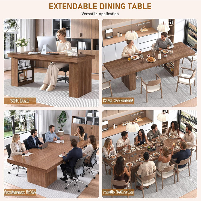 72-110 in Rectangular Extra Large Extendable Dining Table W/Storage for 6 10 12 People,Modern Farmhouse Long Wooden Kitchen Tables,Mid-Century,Double Pedestal Base for Kitchen, Dinner, Meeting,Walnut