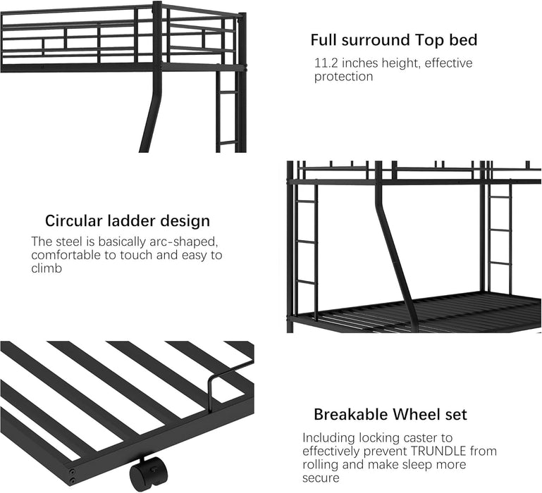 Triple Bunk Beds, Twin over Full Bunk Bed with Trundle,Sturdy Steel Bunk Beds Frame for 3 Kids/Teens with Two Side Ladders and Safety Guard Rail,Black Color