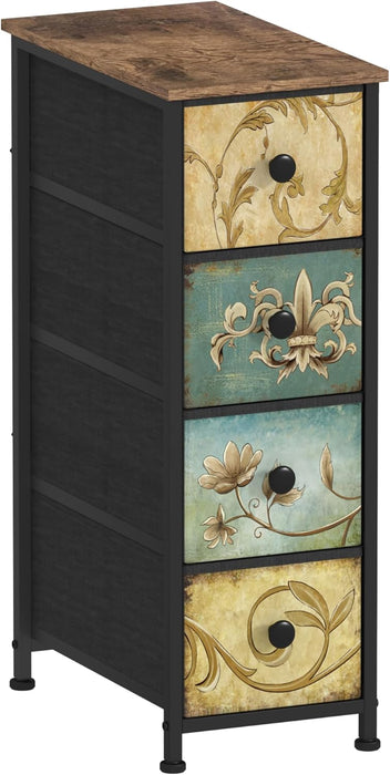 Narrow Storage Dresser Slim Dresser with Retro Flowers Fabric Drawers Vertical Skinny Cabinet for Small Spaces,Bathroom,Bedroom Closet Nightstand,Entryway Organizer (Retro Flower, 4 Drawers)