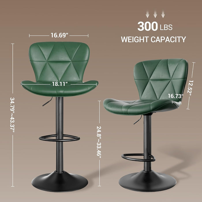 Bar Stools Set of 2, Faux Leather Upholstered Swivel Barstools, Seat Height 24.8"-33.46" Adjustable for Kitchen Island Green