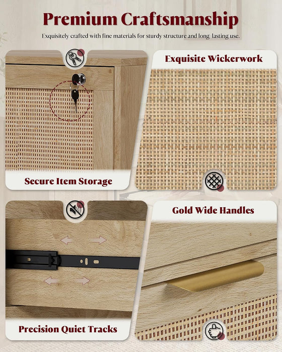 Extra Large 3 Drawers Rattan File Cabinet with Lock
