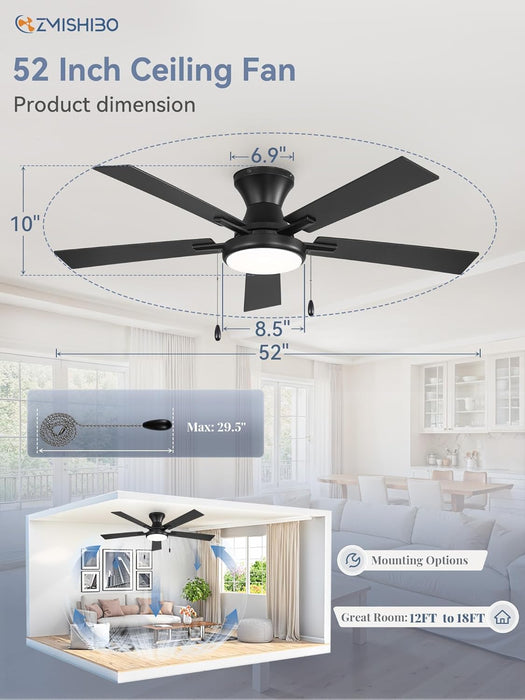 52Inch Ceiling Fans with Lights, Low Profile Ceiling Fan with Pull Chain and Remote Control, Flush Mount, Reversible, Dimmable, Noiseless, Black Pull Cord Ceiling Fan for Bedroom