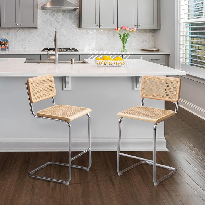 Rattan Bar Stools Set of 4, 24 Inch Modern Counter Stools with Cane Back, Low Back Barstools with Cane Seat, Counter Height Chairs with Metal Legs for Kitchen Island, Yellow