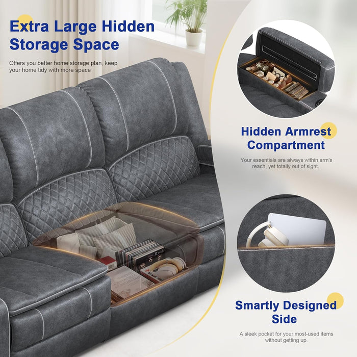 Recliner Sofa 3 Seater Sofa with Recliner, Home Theater Seating with Liftable Console & Removable Armrest, Manual Velvet Fabric Reclining Couch with Cup Holders & USB Ports for Living Room/Rv (Grey)
