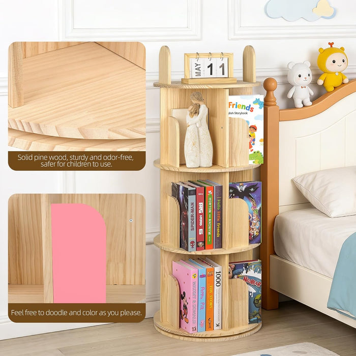 Rotating Solid Pinewood Five Tier Corner Bookshelf