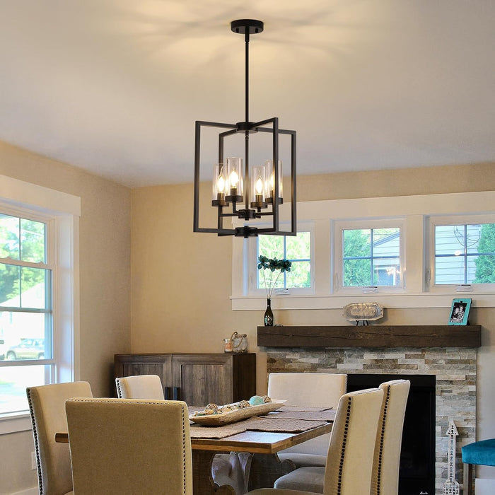 Black Chandeliers for Dining Room, 4-Light Entryway Chandelier for Foyer, 15.7" Hanging Kitchen Light Fixtures Geometric Modern Farmhouse Chandelier for Entryway Hallway Living Room Stairway