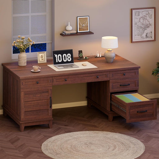 60In Wooden Executive Desk with 5 Drawers, Office Desk Computer Table with Charging Station, Farmhouse Home Office Desk with File Cabinet Storage, for Study and Home Office, Walunt Brown