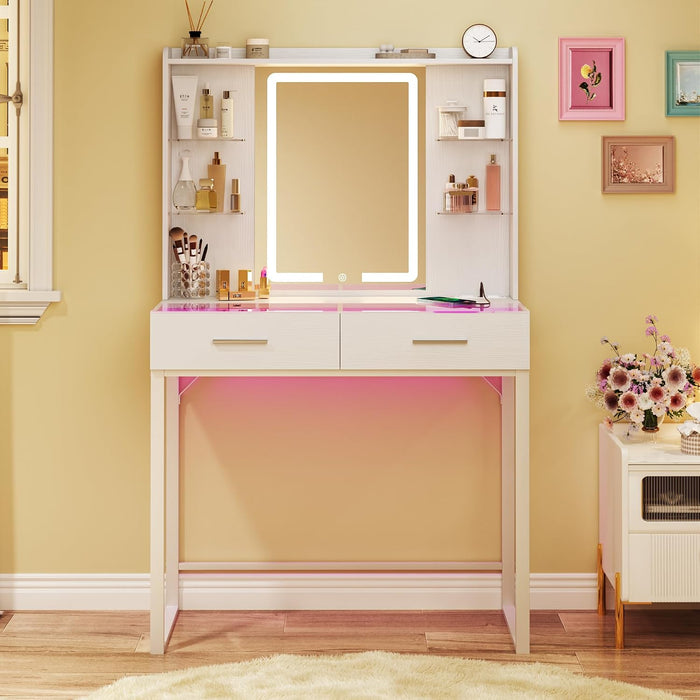 Vanity Desk with Mirror and LED Lights, 31" Small Makeup Vanity with Glass Top & Power Outlet, Vanity with 3 Colors Light, RGB Drawers and Five Shelves, White Vanity for Bedroom
