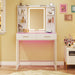 Vanity Desk with Mirror and LED Lights, 31" Small Makeup Vanity with Glass Top & Power Outlet, Vanity with 3 Colors Light, RGB Drawers and Five Shelves, White Vanity for Bedroom