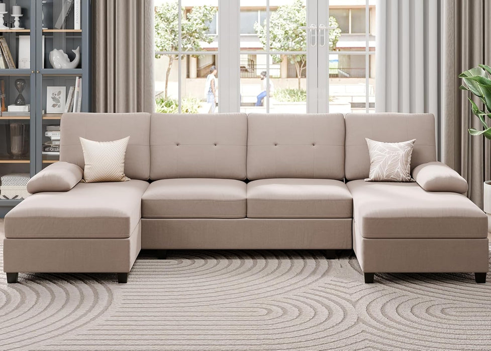 Sectional Sofa Couches for Living Room, U Shaped Sofa Living Room Furniture Sets, 4 Seat U Shaped Sofa Sectional Couch with Chaise, Dark Beige