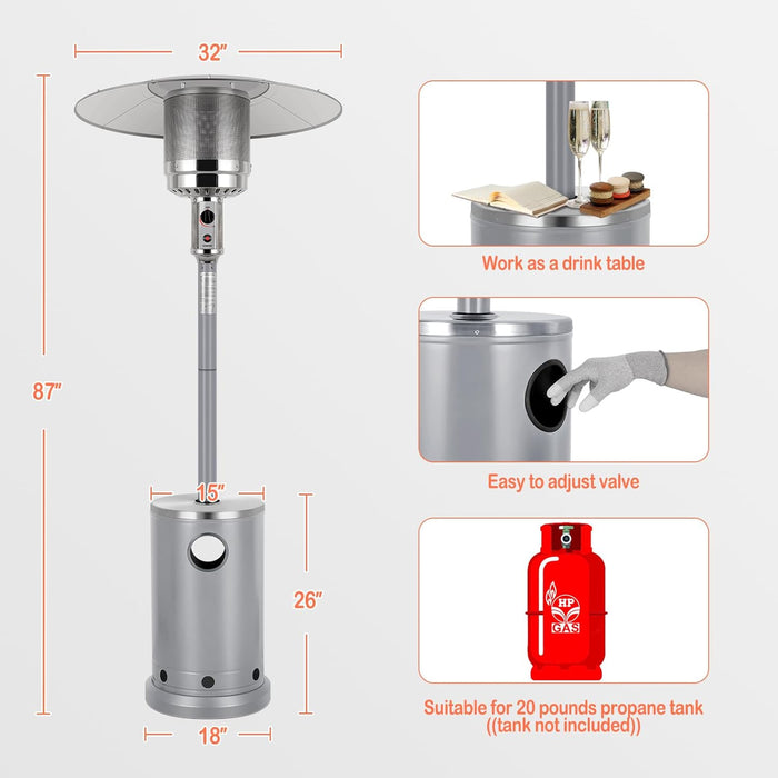 50,000 BTU Propane Patio Heater, Stainless Steel Burner, Triple Protection System, Wheels, Outdoor Heaters for Patio, Garden, Commercial and Residential, Silver