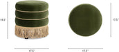 Edward 17.5" round Upholstered Ottoman with Bullion Fringe, Olive Green Performance Velvet