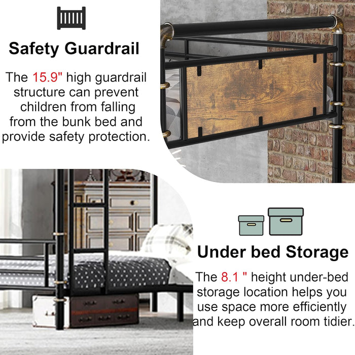 Quad Bunk Bed, Heavy Duty Metal 4 Bunk Beds for Kids with Ladders, Detachable Industrial L-Shaped Bunk Beds, Space Saving Design,Can Be Divided into 3 Twin Beds, Black