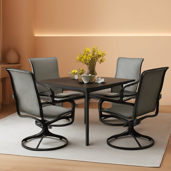 Patio Dining Set for 4, All Weather Outdoor Furniture Set with 4 Sling Swivel Chairs, 1 Square Metal Table, Light Grey Fabric