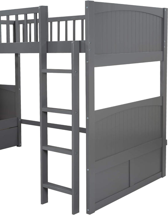 Triple Bunk Bed for Kids L Shaped Bunk Bed Solid Wood Twin over Twin over Twin Bed with 2 Drawers and 2 Ladders, No Box Spring Needed, Gray