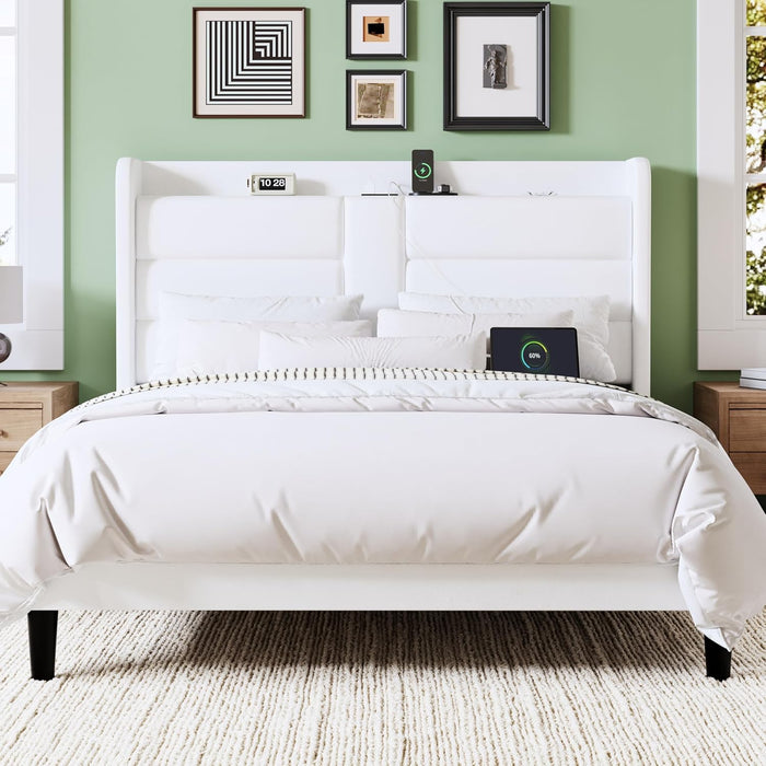Full Size Platform Bed Frame with Charging Station & Storage Headboard, Upholstered Velvet Wingback Design & USB Port, Strong Wooden Slats Support, No Box Spring Needed, Easy Assembly, White