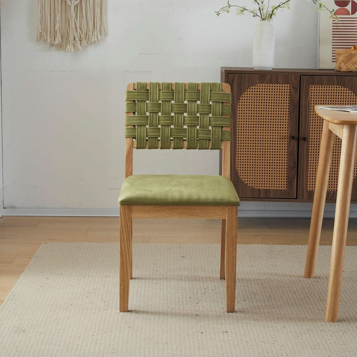 Sage Green Woven Wooden Dining Chairs Set of 4,Armless Mid Century Modern Desk Chairs with Rivet&Foot Pegs,Upholstered Farmhouse Comfy Chair No Wheels for Dining Room,Living Room,Oak,Suede