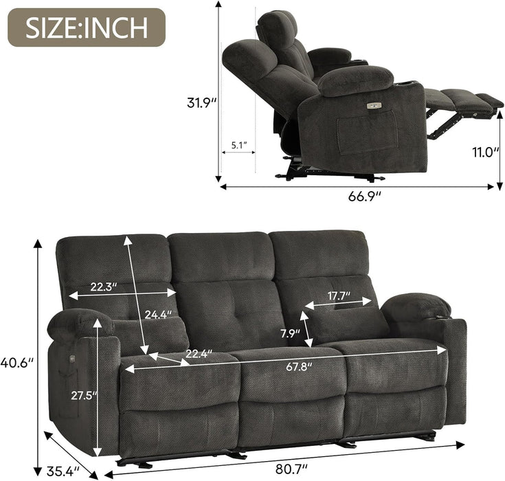 80'' Power Reclining Sofa with Heat and Massage, Electric Reclining Couch with Extended Footrest, Wall Hugger Recliner Sofa 3 Seater with USB Ports, Cup Holders for Living Room