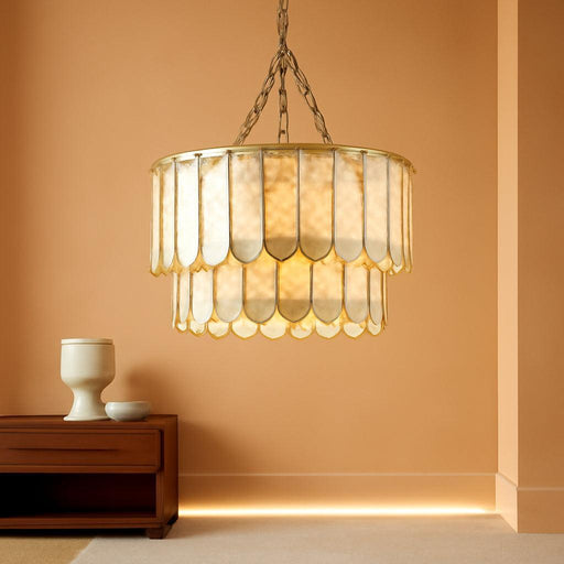 5-Light Chandelier Shell 2 Tiered Faceted Gold Chandeliers for Dining Room Modern Pendant Lighting