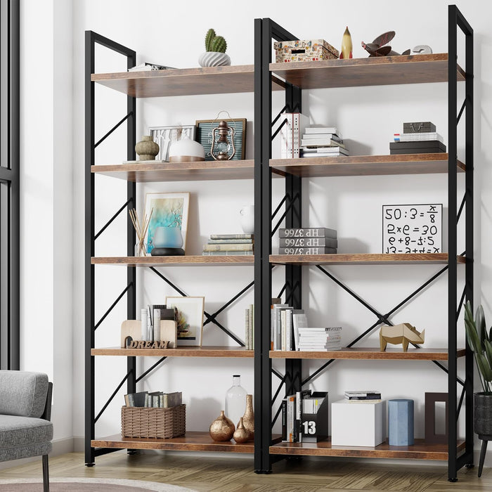 5 Tiers Bookshelf, Classically Tall Bookcase Shelf, Industrial Book Rack, Modern Book Holder in Bedroom/Living Room/Home/Office, Storage Rack Shelves for Book, Brown