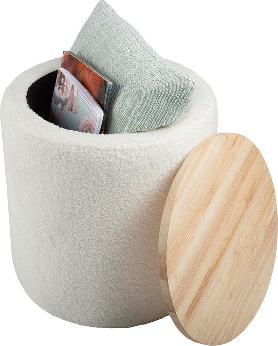 Storage Ottoman - Teddy Fabric Upholstered Ottoman with Wood Top for Living Room, Dorm, or Apartment - Ottomans with Storage (Cream)
