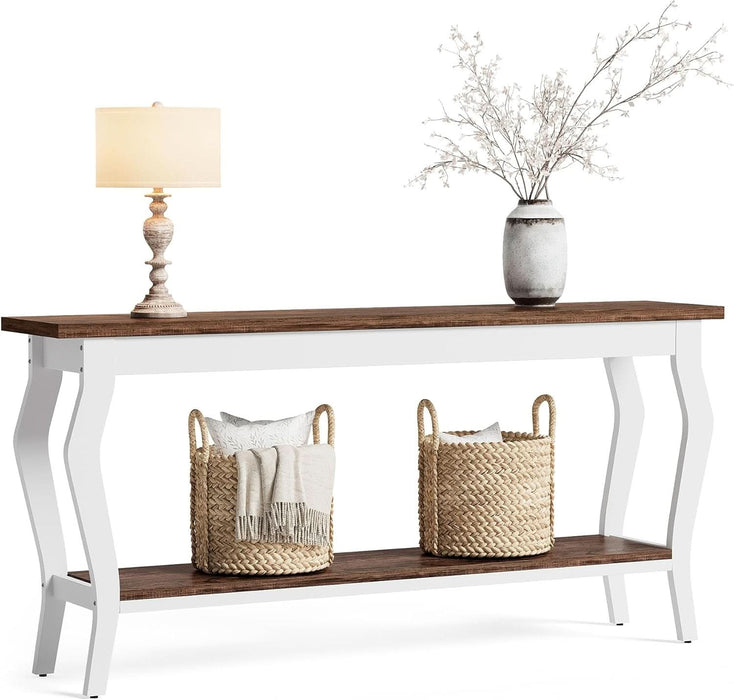 70.9 Inches Long Console Table, 2-Tier Vintage Wooden Sofa Table behind the Couch with Metal Legs for Hallway, Entryway, Living Room, Brown & White