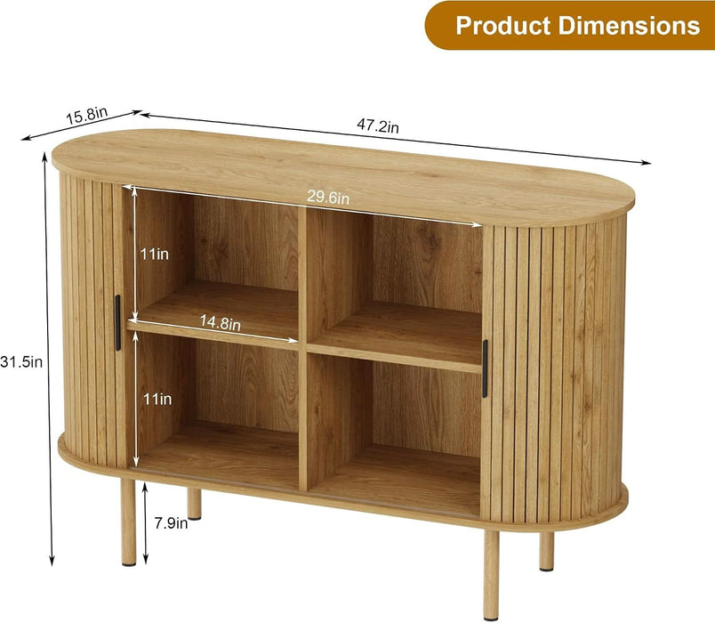 Sideboard Buffet Cabinet with Storage, 47” Mid Century Modern Accent Cabinet, Sliding Door Entryway Small Storage Cabinets for Kitchen, Living Room, Entryway, Oak