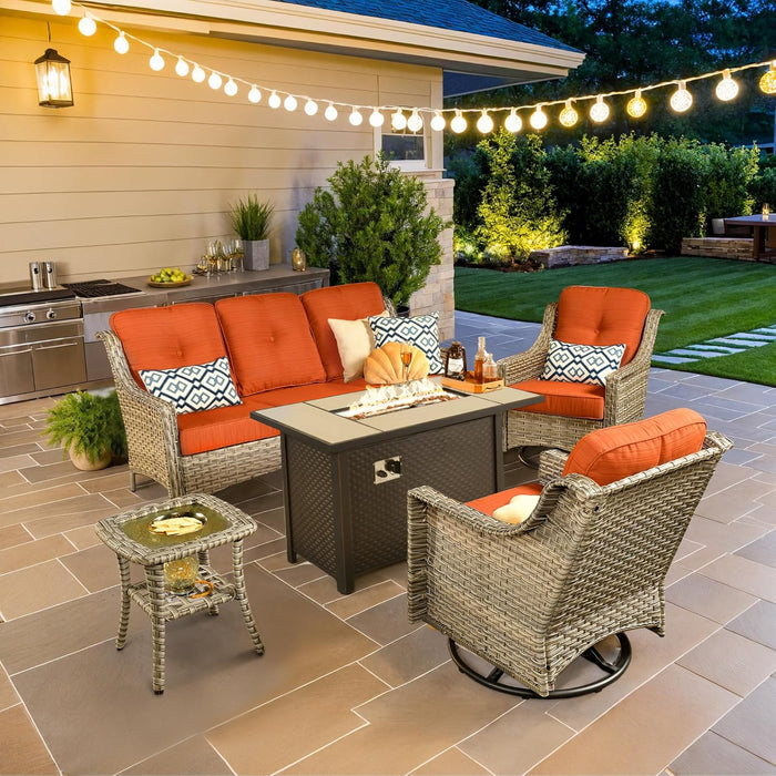 Outdoor 5 Pieces Coversation Set with 42" Fire Pit Table, Patio Furniture High Back Couch with Swivel Rocking Chair, Rattan Wicker 3-Seater Sofa for Porch Balcony Backyard,Orange