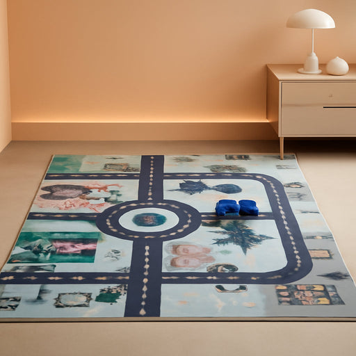SevenFootNineInByTenFoot BlueGrayPlayroomRug Washable NonSlip SafeBacking