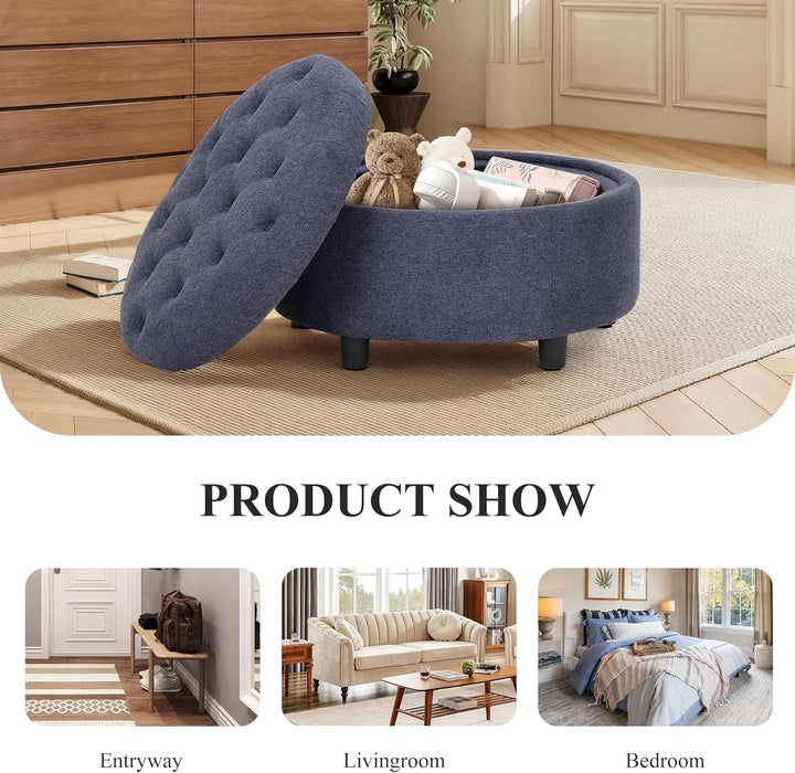 Fabric round Storage Ottoman with Reversible Tray Lid – Multi-Functional Footrest, Hidden Storage, Sturdy & Stylish Small Coffee Table for Living Room, Bedroom, or Entryway(Blue)