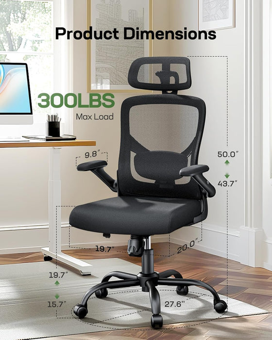 Ergonomic Mesh Office Chair High Back Desk Chair Adjustable Lumbar Support with Headrest Flip-Up Liftable Arms Swivel Computer Task Chair for Big and Tall People