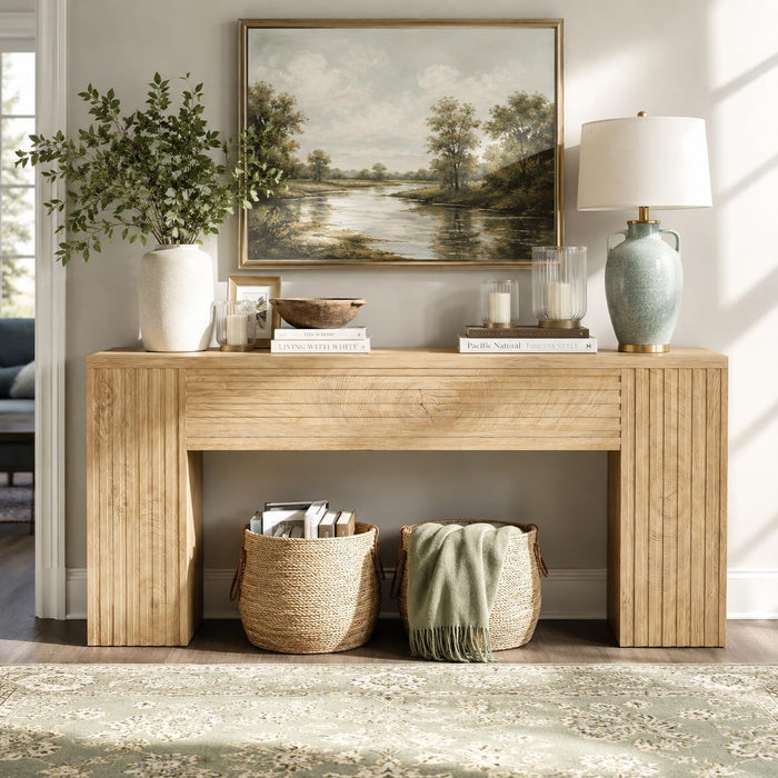 70.86" Long Fluted Console Table, Farmhouse Rectangular Entryway Table with Wooden Double Base, Narrow Wood Sofa Table behind Couch for Entrance, Hallway, Foyer, Living Room, Brown