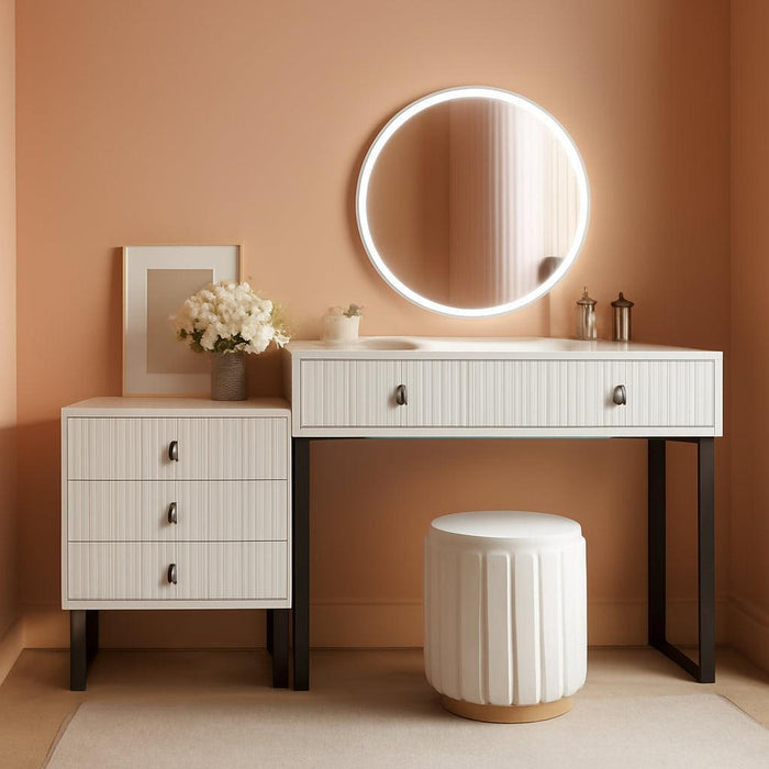 Vanity Desk with Mirror and Lights, 49.2”H Makeup Vanity with 3 Color Lights and Adjustable Brightness, Bedroom Vanity Table with 5 Drawers, White