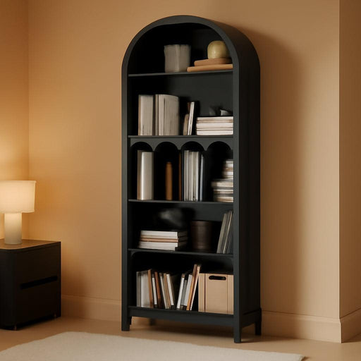 Arched Bookshelf, 70.9" Tall Arch Bookcase with Storage, 5-Tier Farmhouse Book Shelf, Modern Arched Cabinet, Wooden Bookshelf with Open Display Shelves for Living Room, Office, Black BK53SJ01