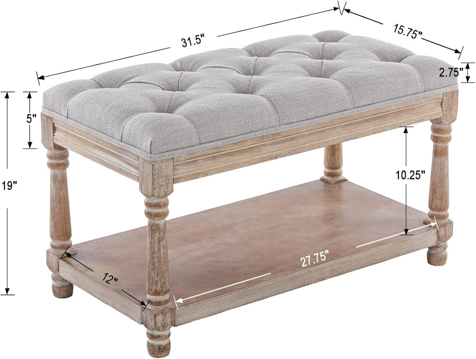 Farmhouse Tufted Storage Ottoman Bench with Shelf, 31.5" Width Linen Upholstered Entryway Shoe Ottoman Foot Stool for Bedroom Living Room Dining Room, Grey