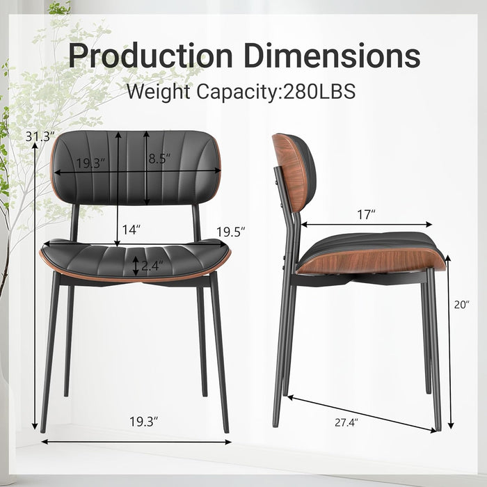 Mid Century Modern Dining Chairs Set of 2,Upholstered Faux Leather Kitchen Chairs with Walnut Bentwood Back and Metal Legs for Kitchen Dining Room Living Room, Black