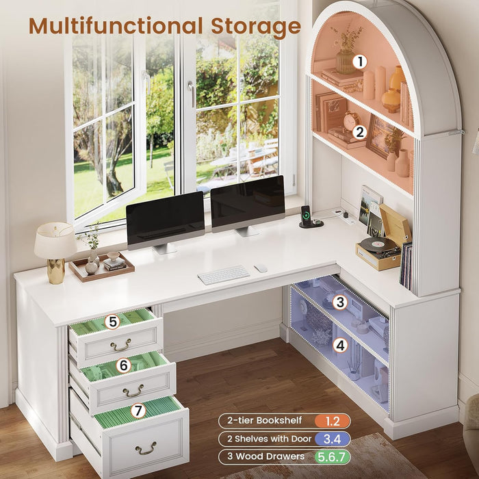 67" L Shaped Desk with Tall Arched Bookshelf, Mid-Century Office Computer Desk with 3 Drawers and Storage Shelves, Corner Executive Desk with Sliding Barn Door for Home Office, White