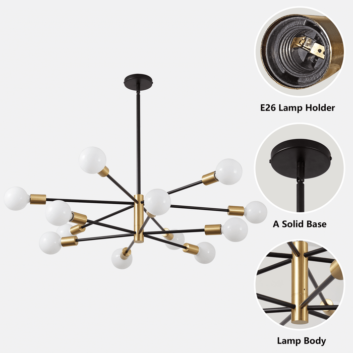 12-Light Modern Sputnik Chandeliers Black & Gold Ceiling Light Fixtures for Dining Room Living Room Bedroom