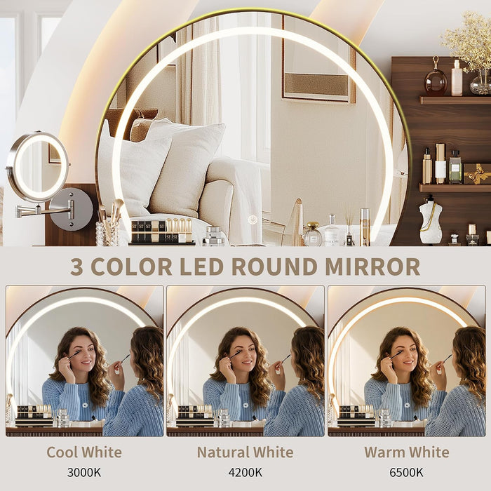 Makeup Vanity Desk with round Mirror and Lights, Glass Top Vanity Table W/5X Magnifying Makeup Mirror, Dressing Table W/Power Outlets, Doorshelves & Adjustable Storage, Dark Brown