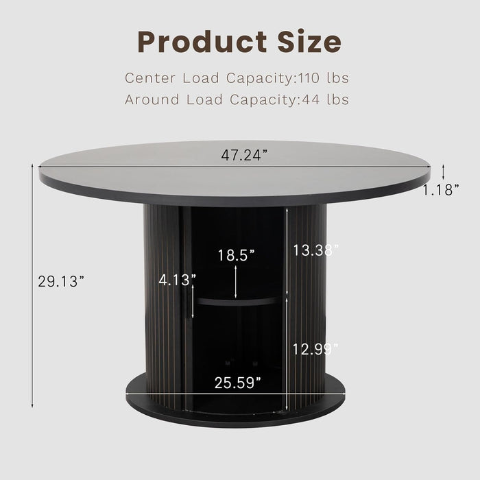 47" round Dining Table with 2-Tier Hidden Storage - Space Saving Wood Kitchen Table for Small Spaces, Seats 4-6, Mid-Century Modern Circle Design,Black